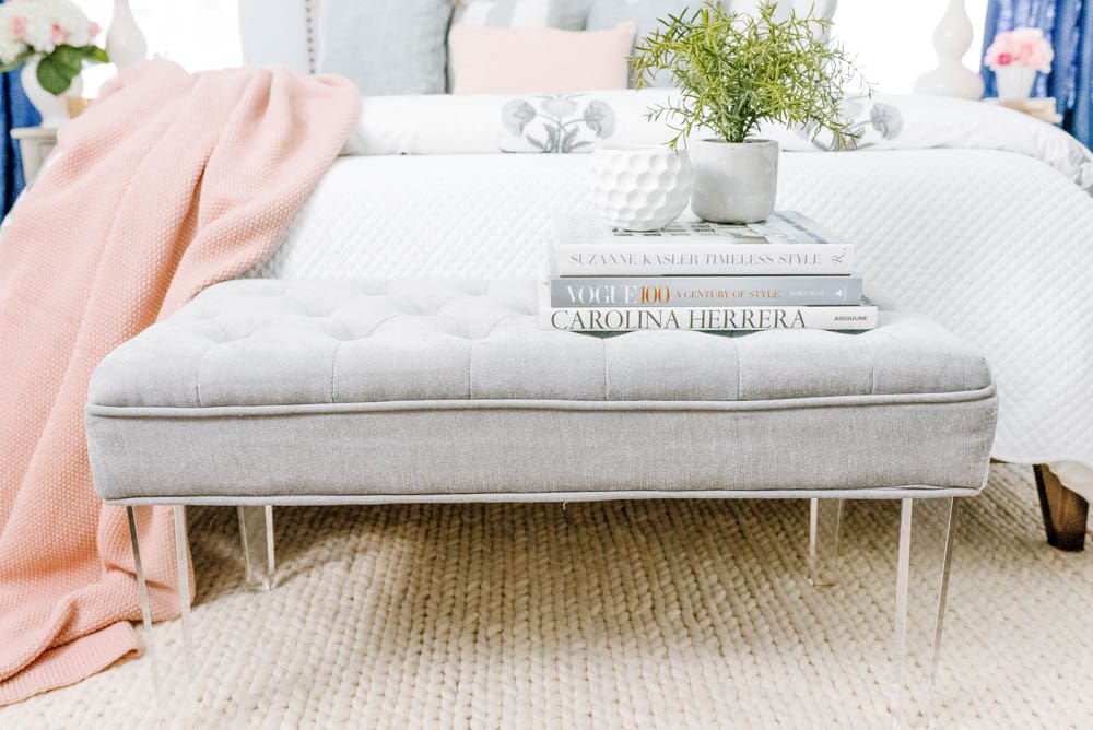 Blue and blush bedroom with navy accents. Summer decorating ideas for a bedroom or a guest bedroom. #ABlissfulNest #summer #guestbedroom #bedroomideas