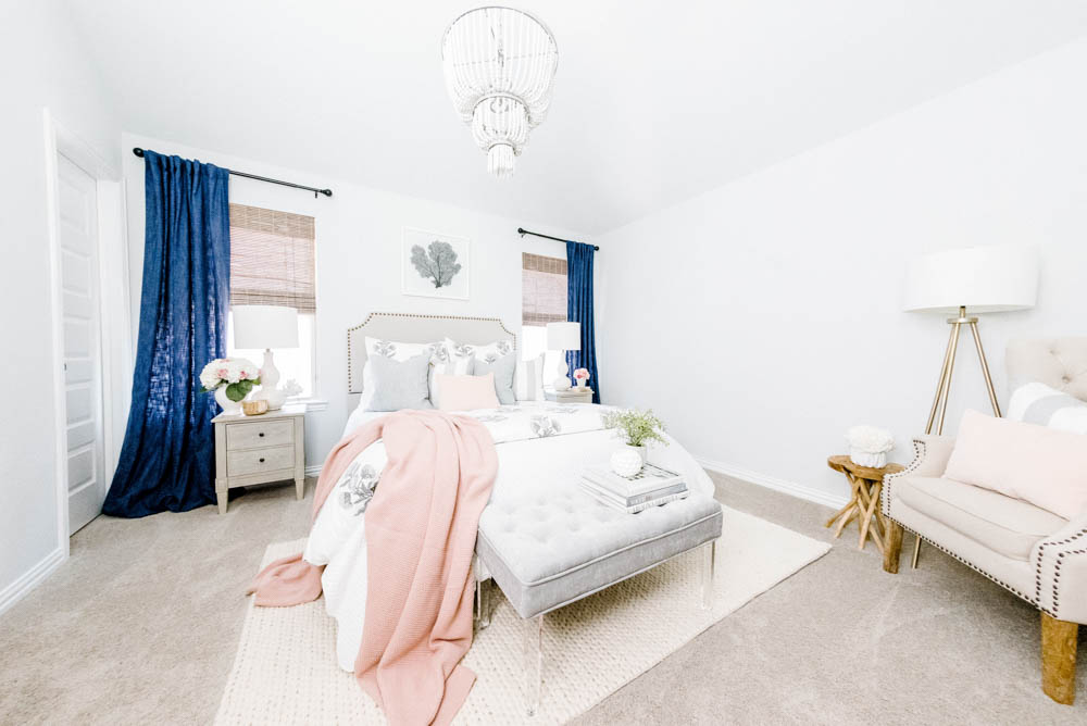 Blue and blush bedroom with navy accents. Summer decorating ideas for a bedroom or a guest bedroom. #ABlissfulNest #summer #guestbedroom #bedroomideas