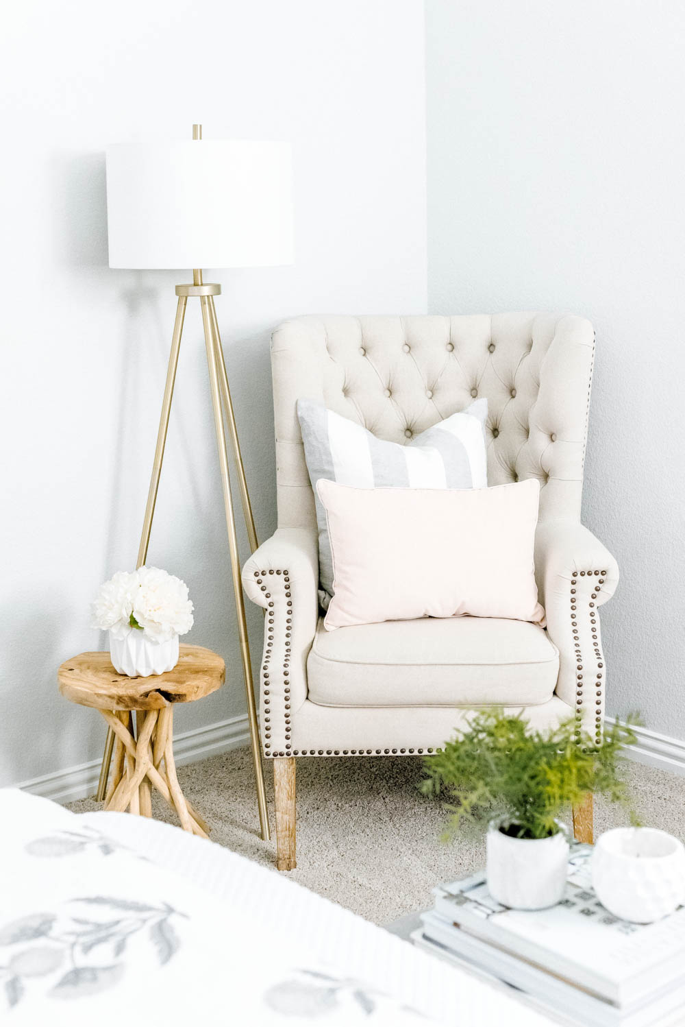 Blue and blush bedroom with navy accents. Summer decorating ideas for a bedroom or a guest bedroom. #ABlissfulNest #summer #guestbedroom #bedroomideas