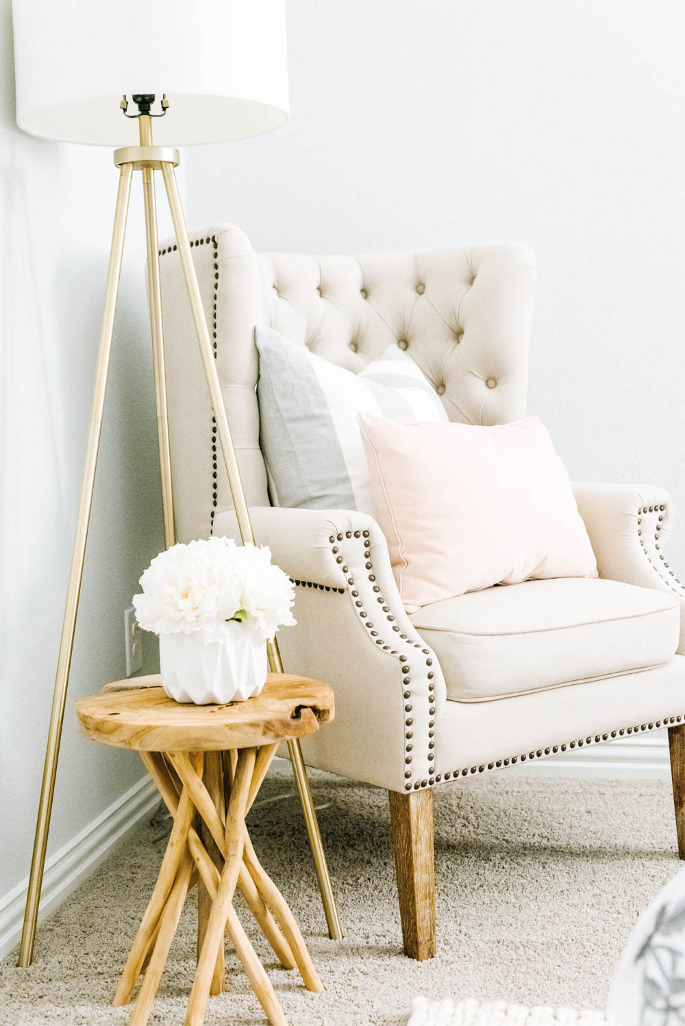 Blue and blush bedroom with navy accents. Summer decorating ideas for a bedroom or a guest bedroom. #ABlissfulNest #summer #guestbedroom #bedroomideas