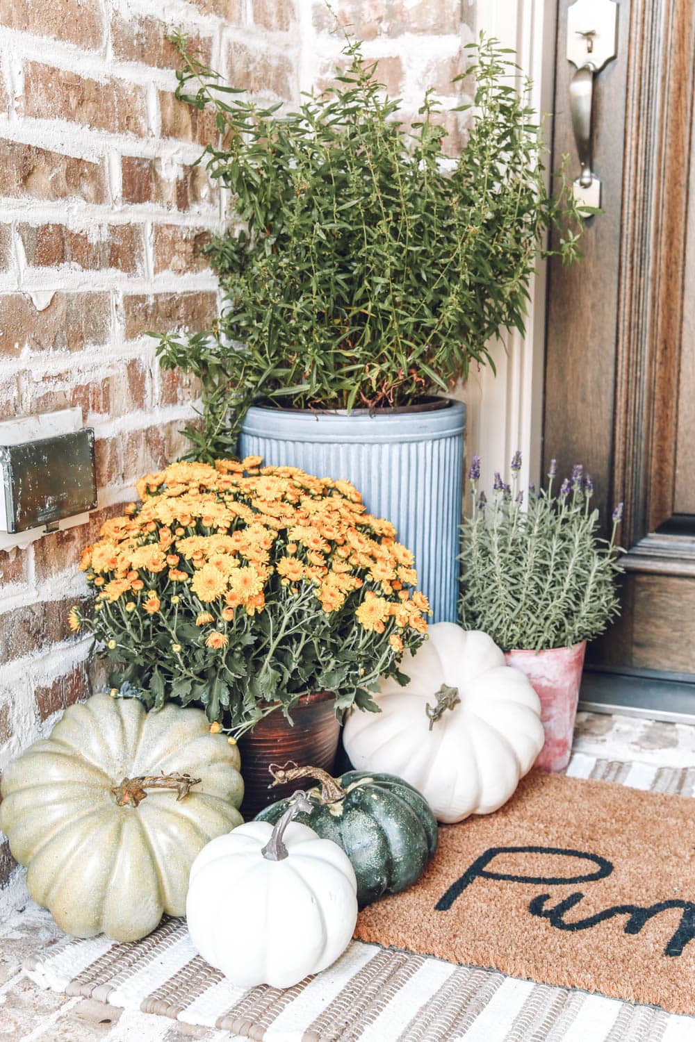 Fall porch details, mums, pumpkins, lavender plants, striped area rug layered with Hey There Pumpkin door mat. Fall decor, fall inspiration. #ABlissfulNest #falldecor #fallinspiration