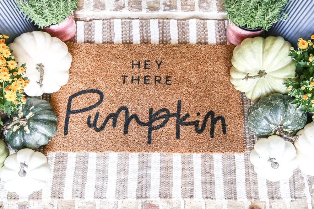 Hey There Pumpkin door mat, pumpkins, mums, lavendar plant, striped area rug. fall inspiration, fall decor. #ABlissfulNest #fallinspiration #falldecor