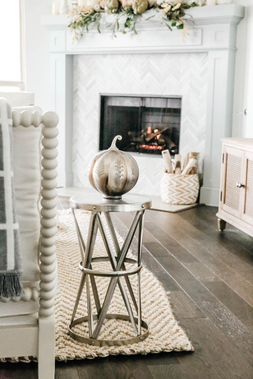 Modern fall decor, metal pumpkin, fall fireplace, fall inspiration. #ABlissfulNest #falldecoratingideas #falldecor #fireplace #pumpkins