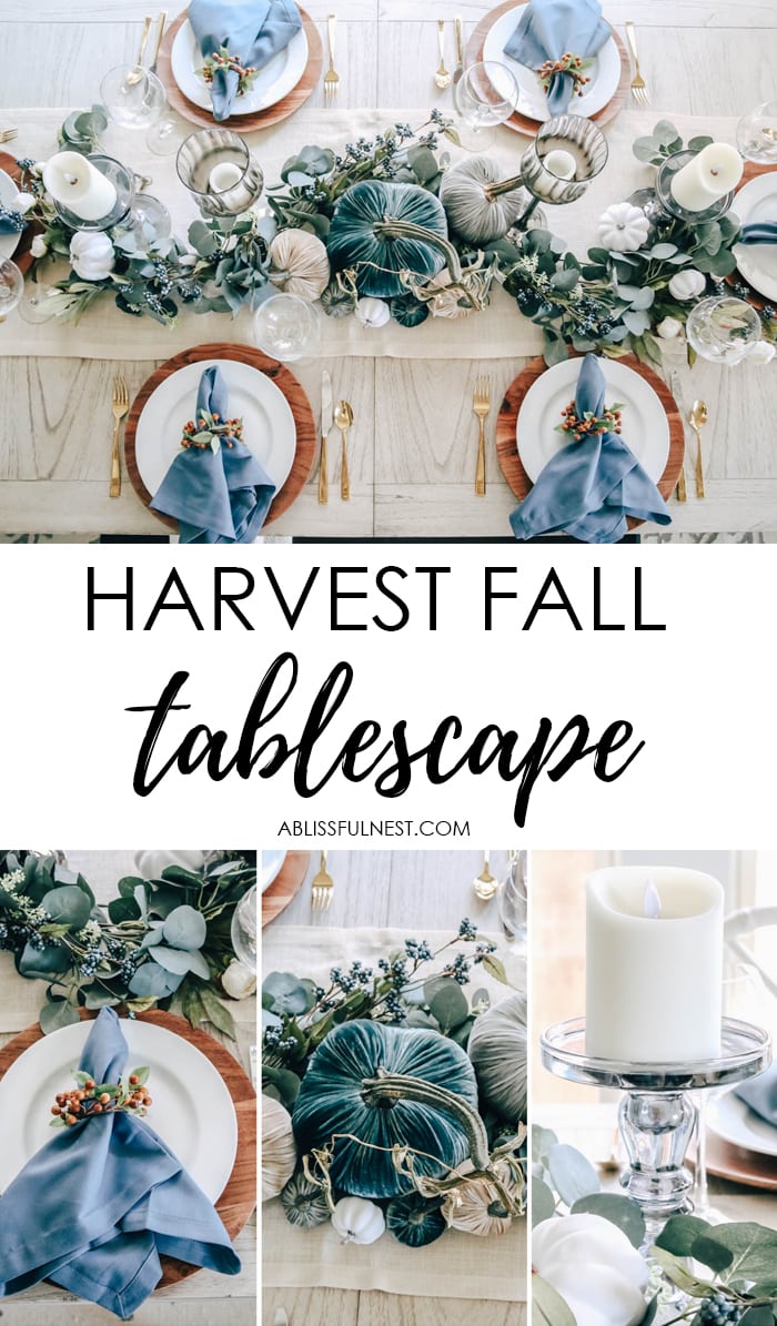 Beautiful shades of blue to create a simple fall table for Thanksgiving. #thanksgiving #falldecor #fallideas