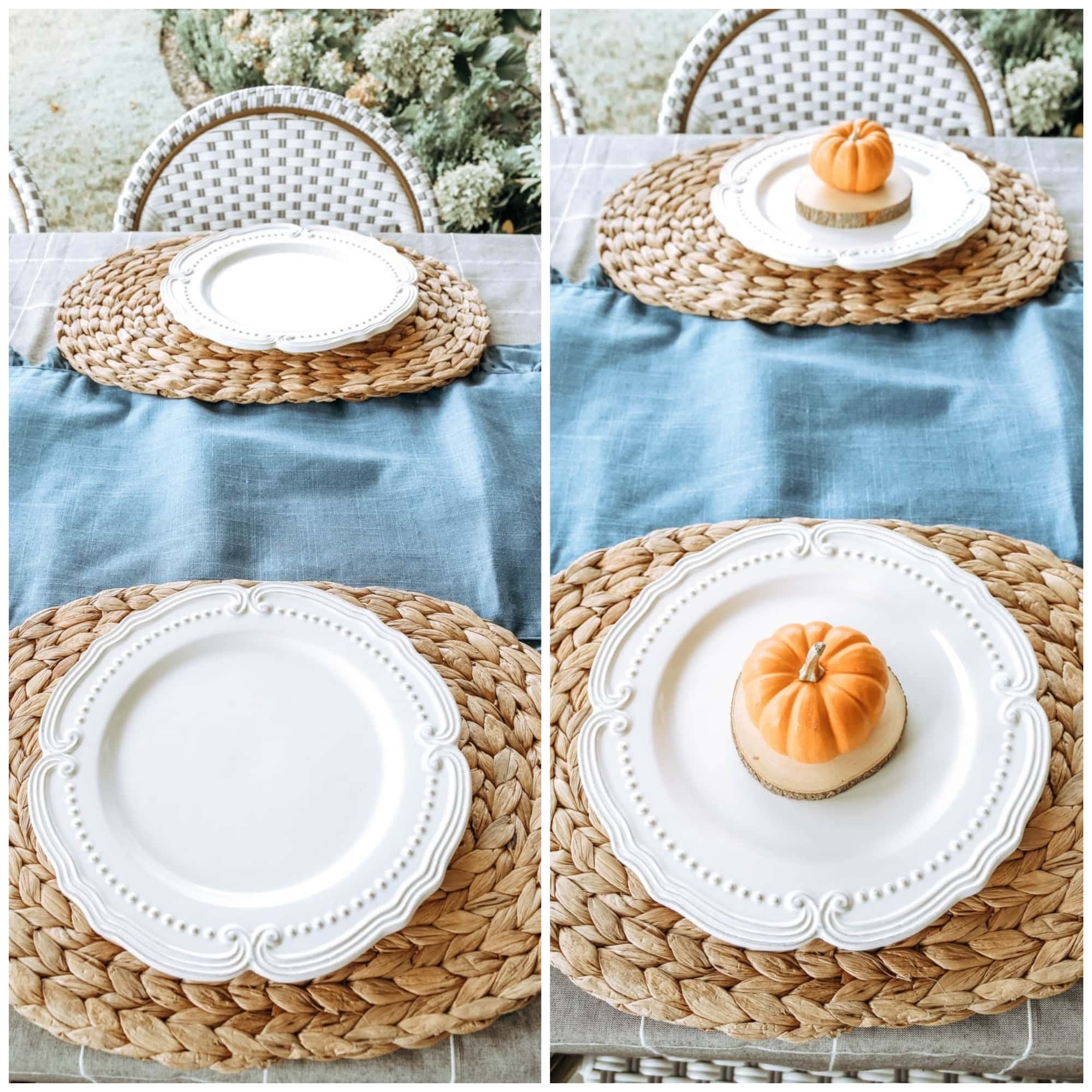 Use layers when setting a table. Mini pumpkins, white plates, seagrass table placemats. #ABlissfulNest #falltable #falldecor #thanksgiving