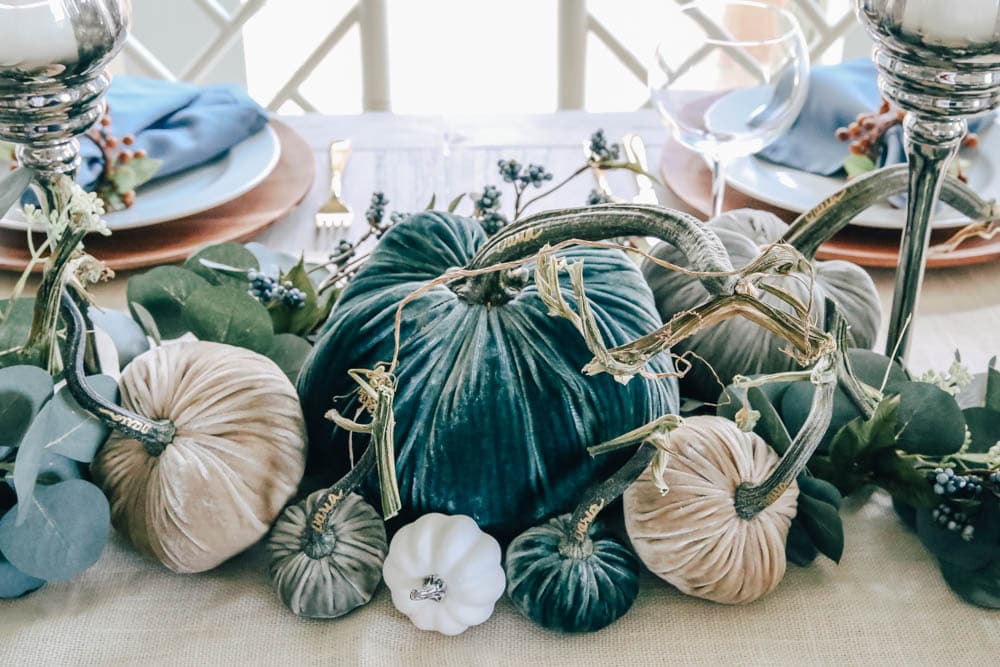 The most gorgeous shades of blue in these velvet pumpkins. #ABlissfulNest #fall #thanksgiving