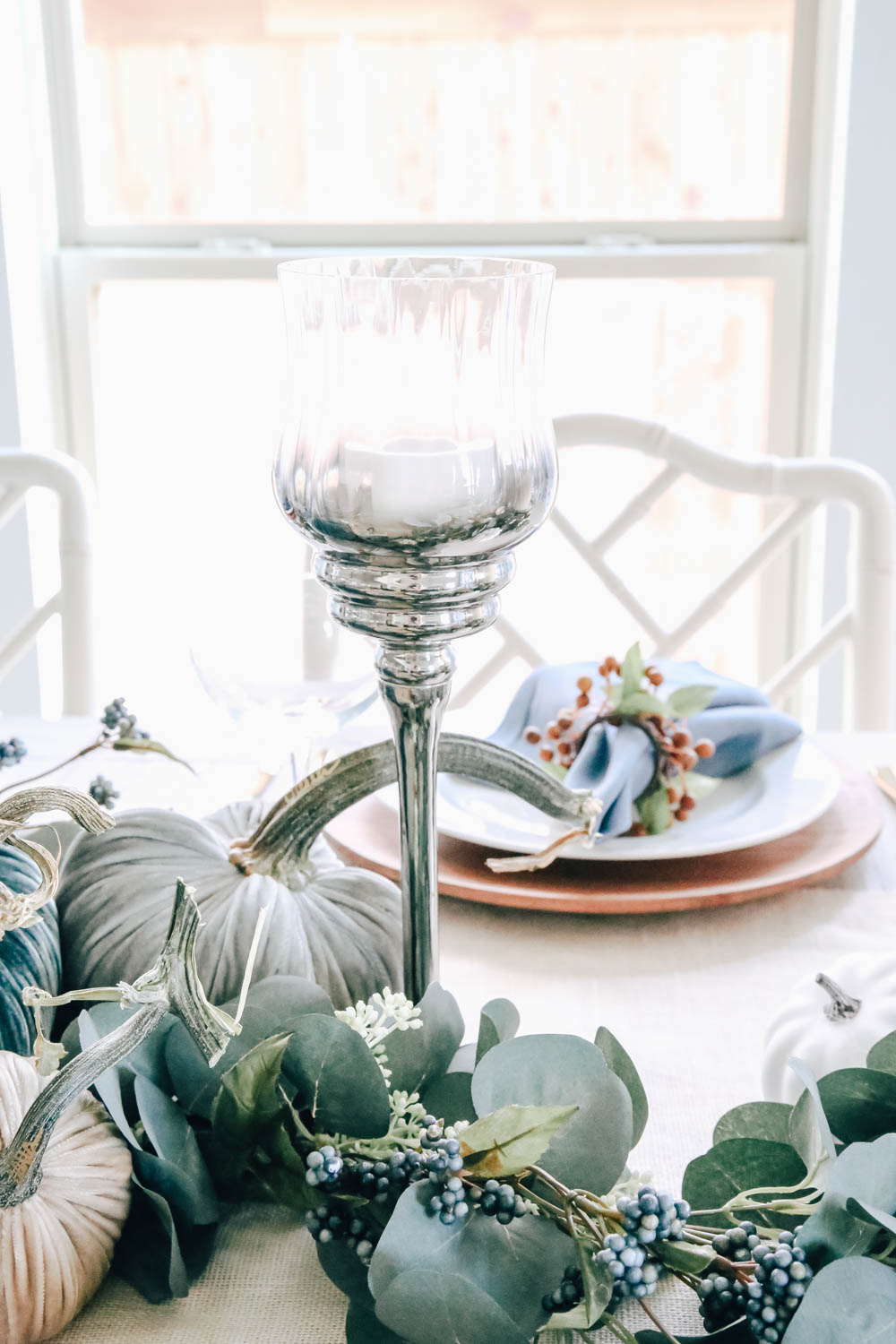 The prettiest smokey grey color on these candles makes them neutral to use any time of year. #ABlissfulNest #fall #thanksgiving #falldecor