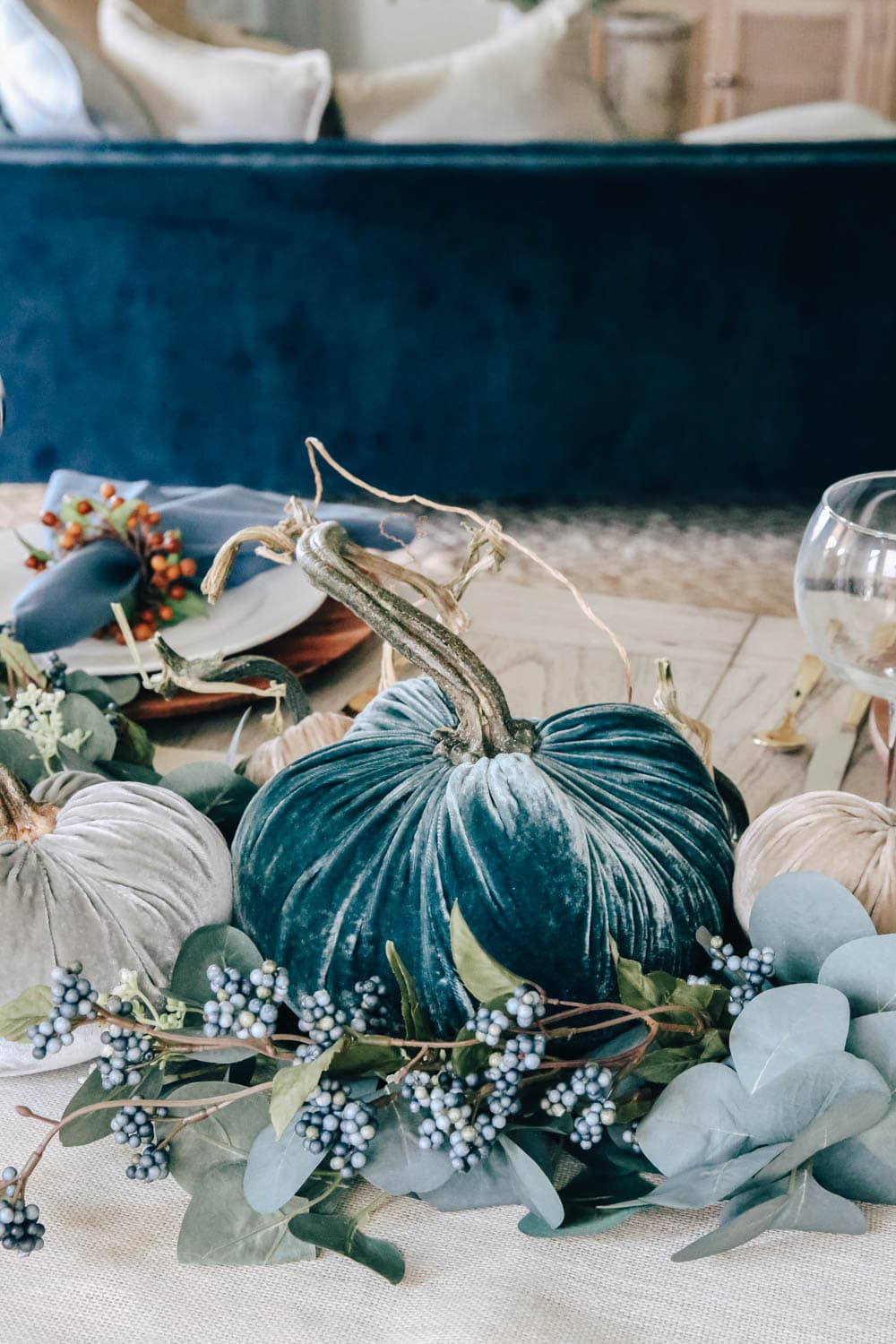 The most gorgeous shades of blue in these velvet pumpkins. #ABlissfulNest #fall #thanksgiving