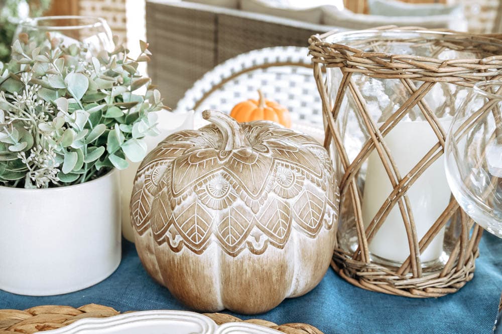 Carved wood pumpkin, fall table decorating ideas. #ABlissfulNest #fall #falldecor