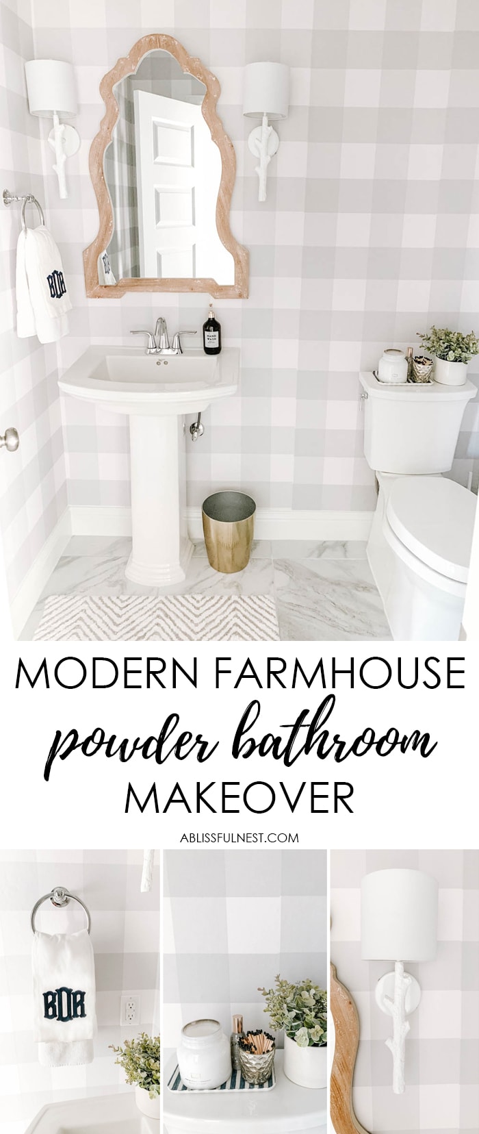 This farmhouse bathroom features grey and white buffalo check wallpaper, gold accents and a white washed wood mirror. #ABlissfulNest #bathroom #bathroomdesign #farmhouse #powderbathroom