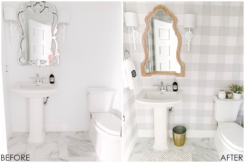 This farmhouse bathroom features grey and white buffalo check wallpaper, gold accents and a white washed wood mirror. #ABlissfulNest #bathroom #bathroomdesign #farmhouse #powderbathroom