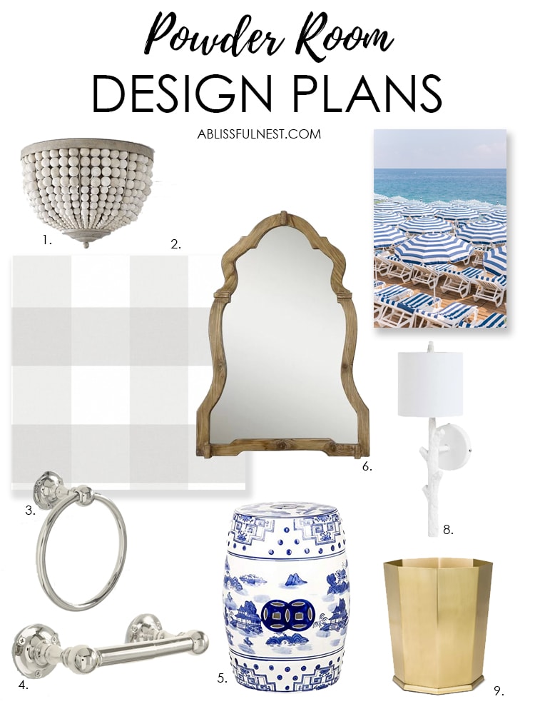 A beautiful bathroom design board to update a boring space into a coastal farmhouse style bathroom. This design features buffalo check wallpaper, gold accents, wood beaded light and more! #ABlissfulNest #bathroom #bathroommakeover #bathroomdesign