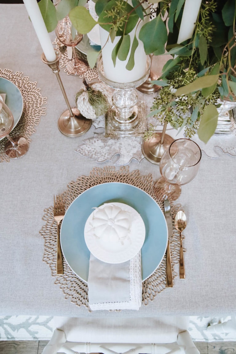 White and Gold Pumpkin Themed Fall Tablescape - A Blissful Nest