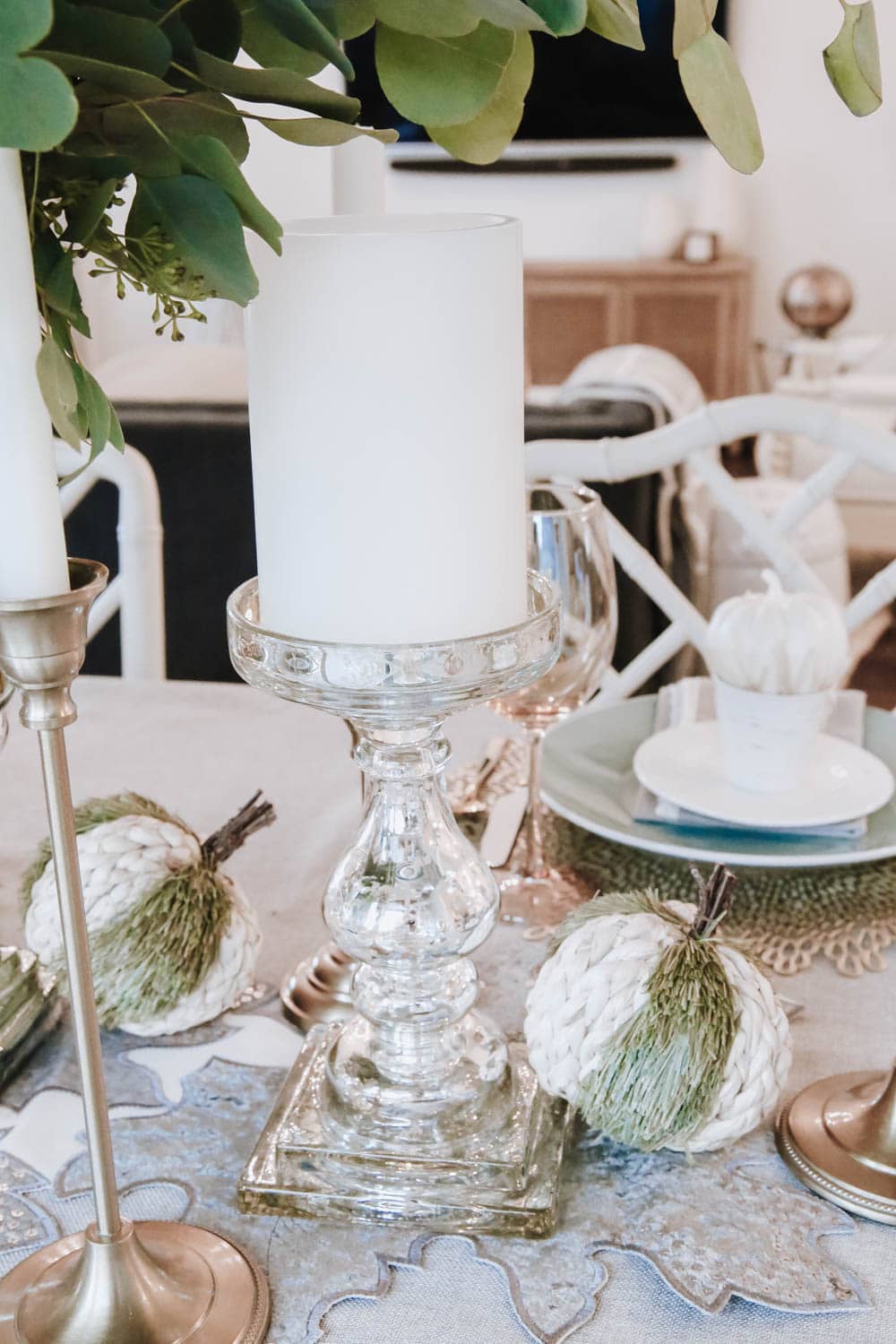 Beautiful mercury glass candlesticks are a staple for tablescapes. #ABlissfulNest #falldecor #thanksgiving