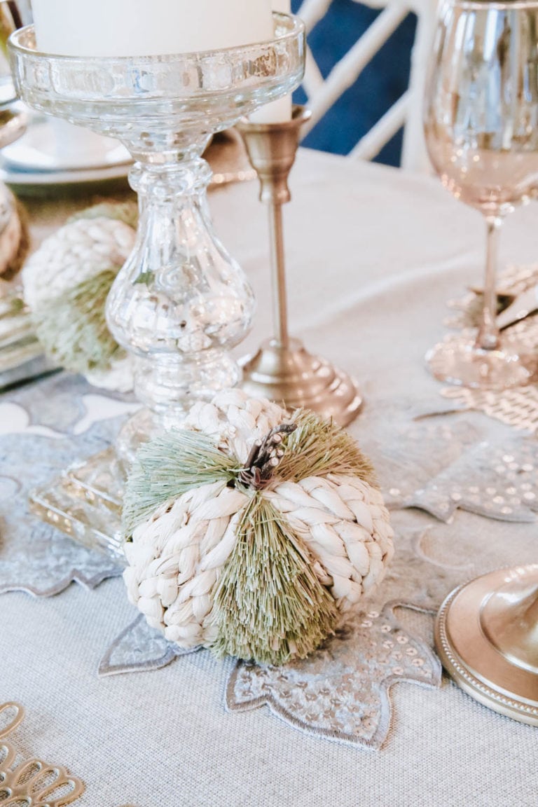 White and Gold Pumpkin Themed Fall Tablescape - A Blissful Nest