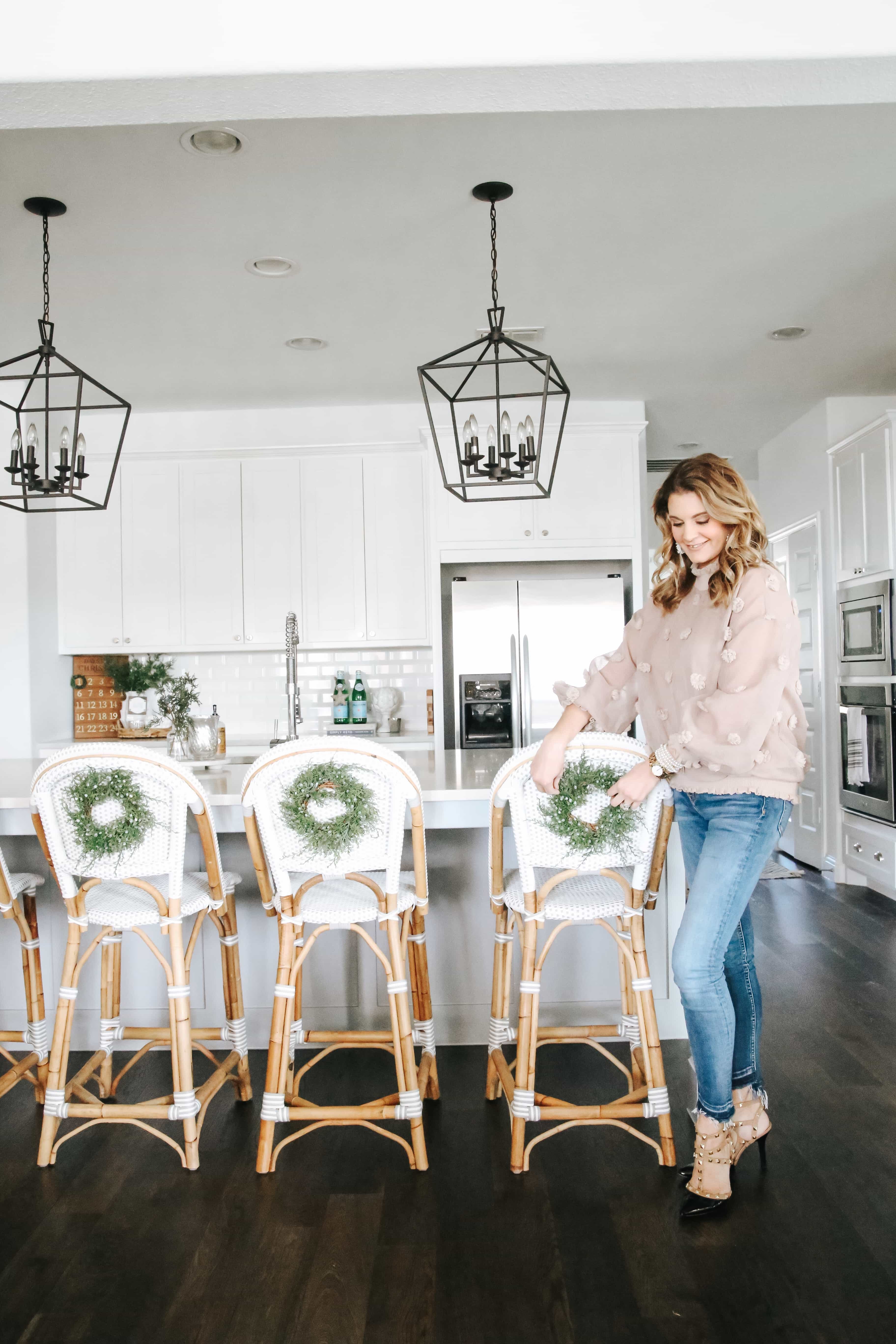 Mini Christmas wreaths on barstools, neutral Christmas decorating ideas. #ABlissfulNest #Christmasdecorating #Chritmasideas