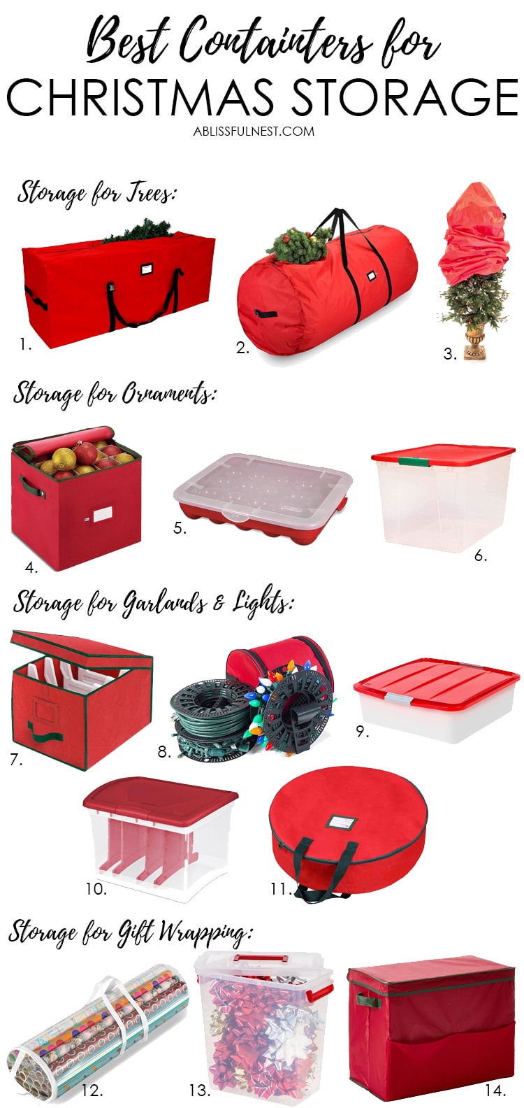 Organize and get all your Christmas decorations in order with all of these storage solutions. #ABlissfulNest #christmasstorage #christmasdecor