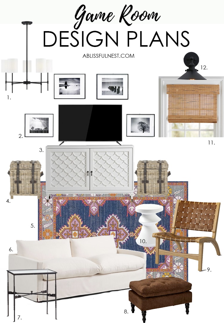 Sharing our bonus room ideas for a family and my design plans for our own game room, including furniture, lighting, accessories, and more for the space! Also highlighting my favorite rug sources. #ABlissfulNest #gameroom #bonusroom #mediaroom