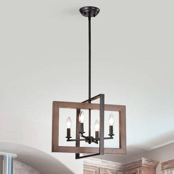 This metal and wood accented square chandelier is so fun! #ABlissfulNest