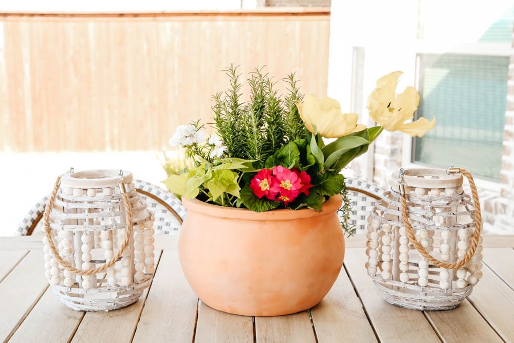 terra cotta pot, lanterns, spring patio decor ideas. #ABlissfulNest #patio #outdoor #backyard