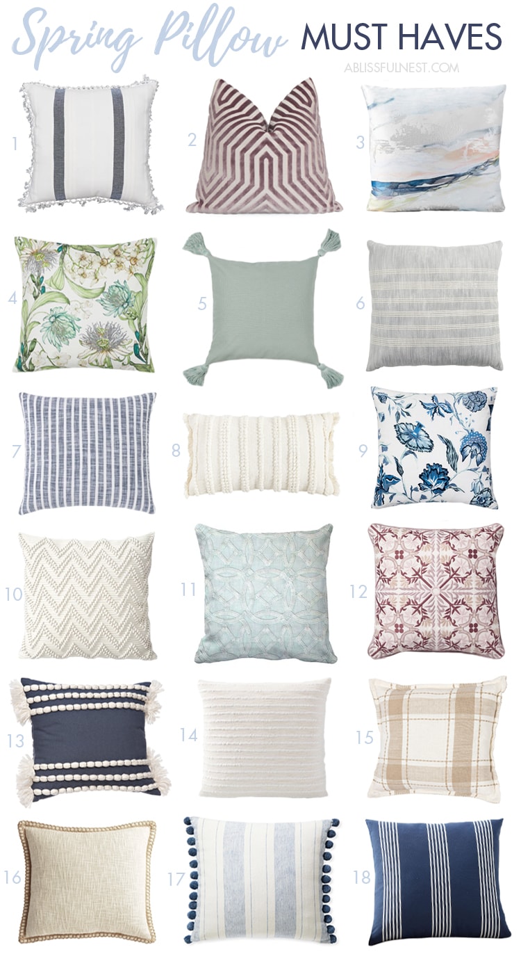 Love all these affordable stylish spring pillows to update your home! #ABlissfulNest #spring #springdecor #springhomedecor