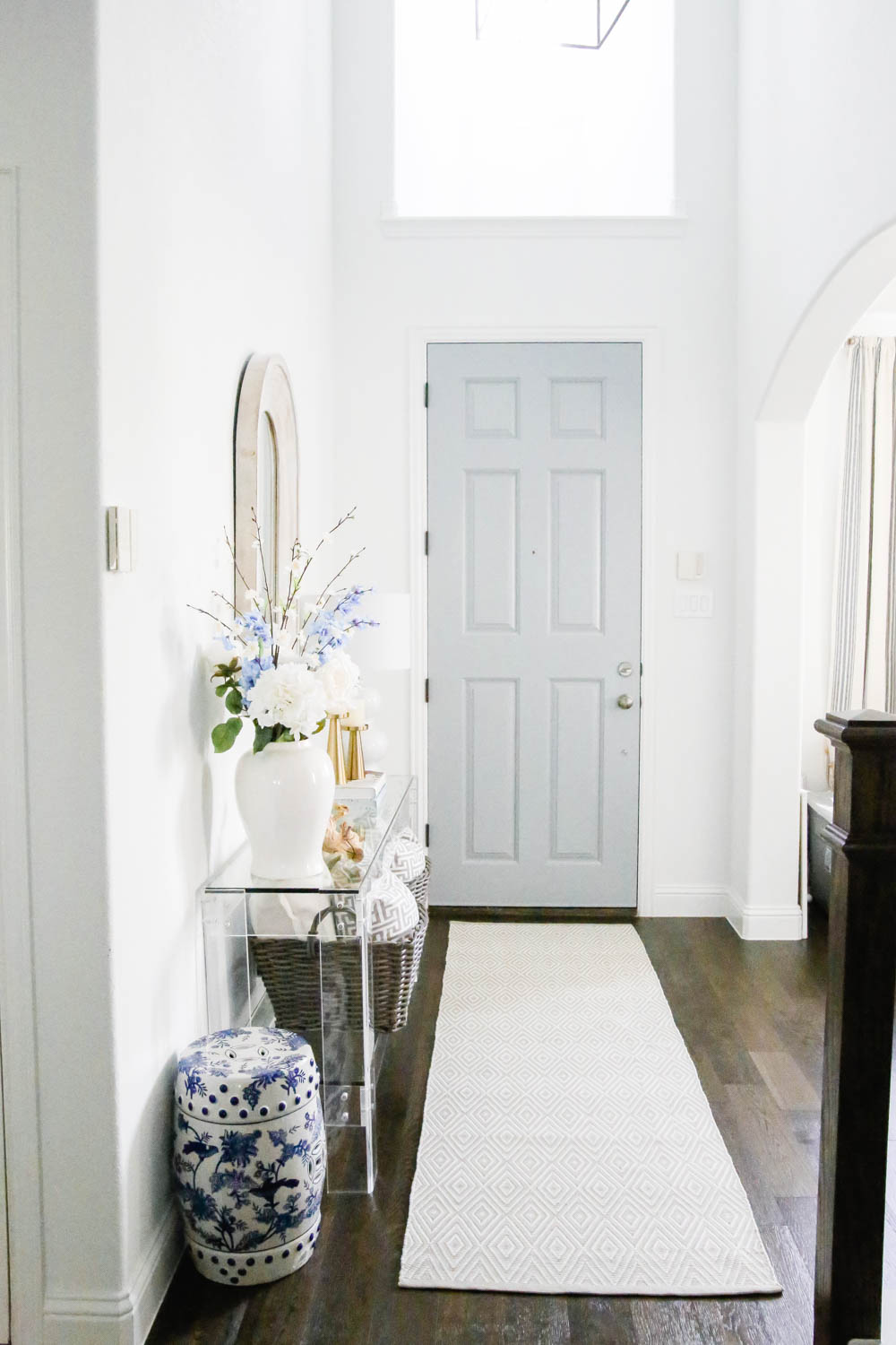 Grey blue painted door, white interior. #ABlissfulNest #whitepaint #entryway