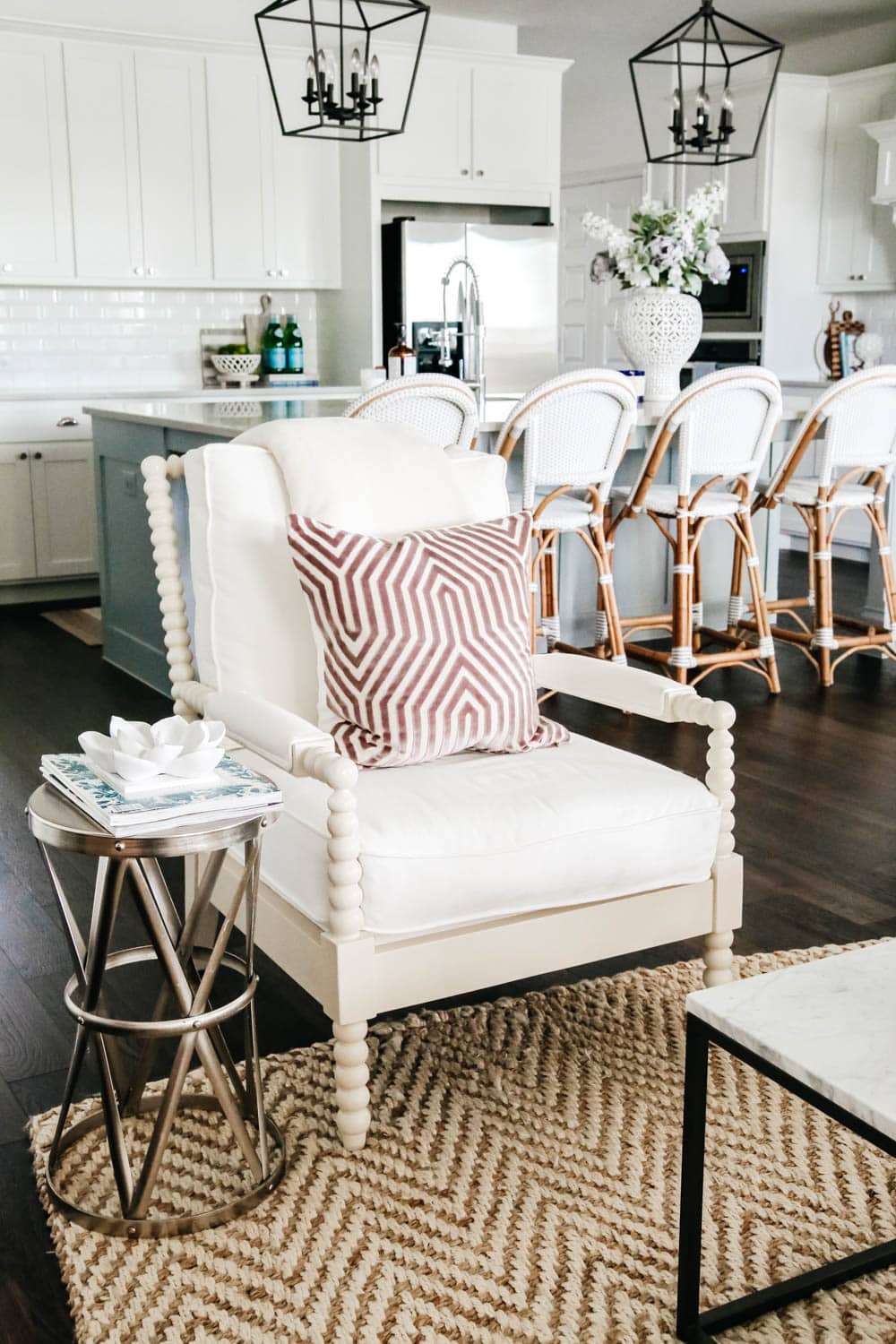 Living room inspiration. White paint, coastal style, transitional style, home tour, design tips for a living room. #livingroominspo #livingroom #hometour #ABlissfulNest