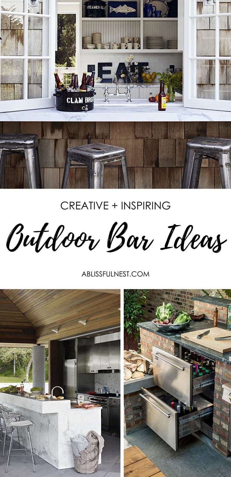 Outdoor bar ideas and kitchen ideas to help you plan your outdoor oasis. #ABlissfulNest #outdoorpatio #outdoorkitchen #outdoorbar