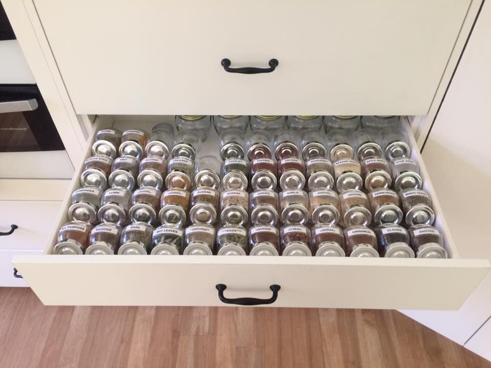 spice drawer storage and organization with labels and drawer organizer