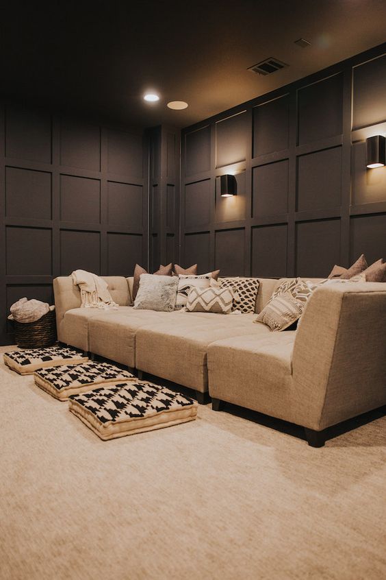 Adding visual impact like this to your theater room walls can also help with sound proofing. #theater #mediaroom #hometheater 