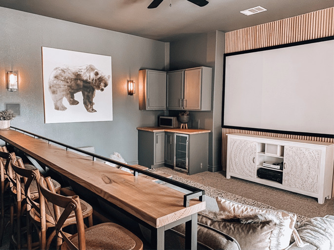 Love this amazing DIy bar top console in this at home theater room. #theater #hometheater #mediaroom