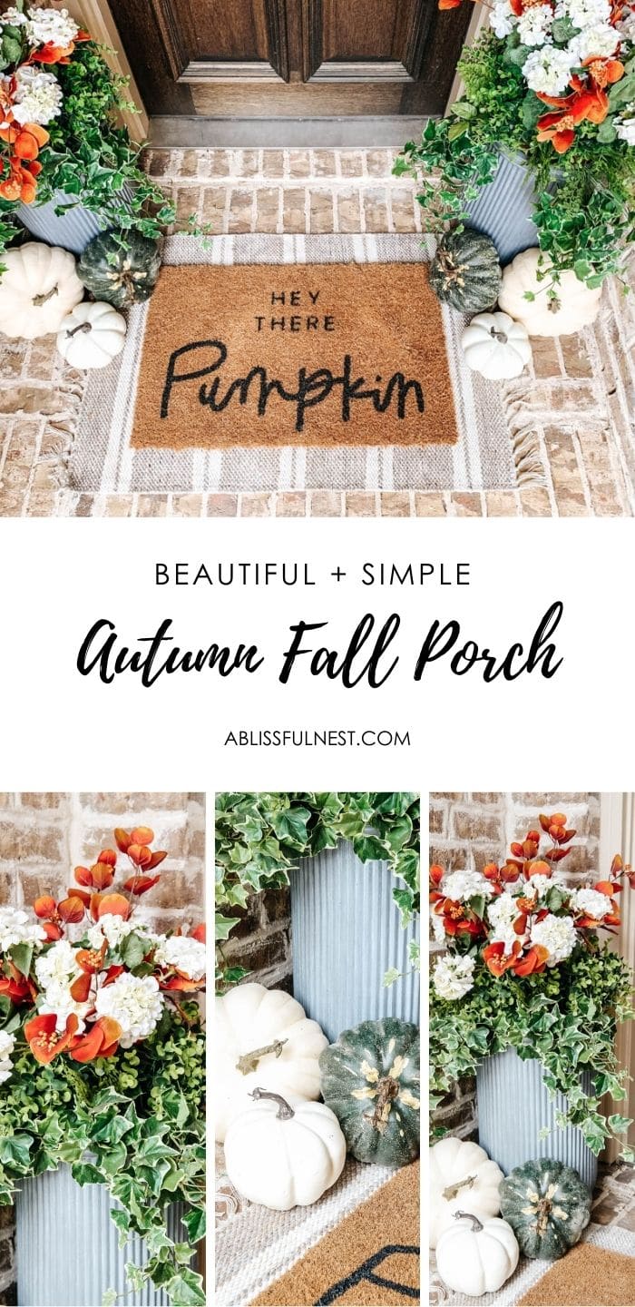 Cozy autumn colors on this fall porch with a orange and white color scheme, pumpkins and faux plants. #ABlissfulNest #fallporch #falldecor