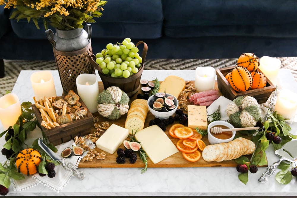 A delicious fall charcuterie board with all these harvest essentials. #ABlissfulNest #fall #cheeseboard #ad #RothCheese