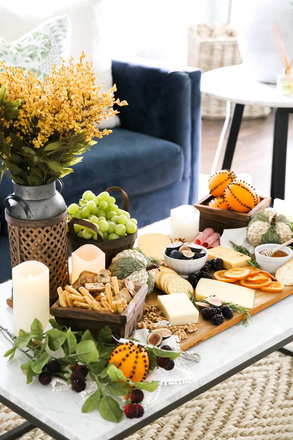 A delicious fall charcuterie board with all these harvest essentials. #ABlissfulNest #fall #cheeseboard #ad #RothCheese