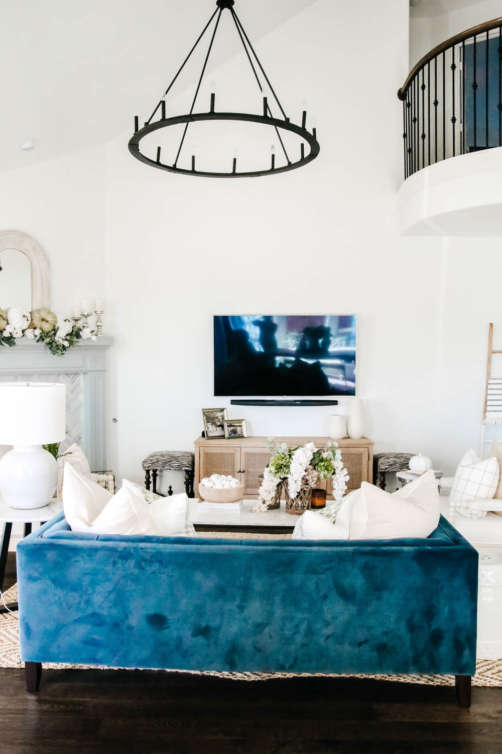 Navy blue sofa, tv wall, fall decorating ideas. #ABlissfulNest #falldecor #livingroom