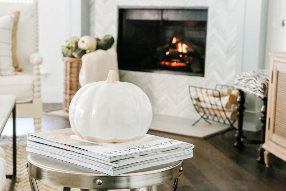 Glass pumpkin, fall decorating ideas, fall home tour. #ABlissfulNest #fallhometour