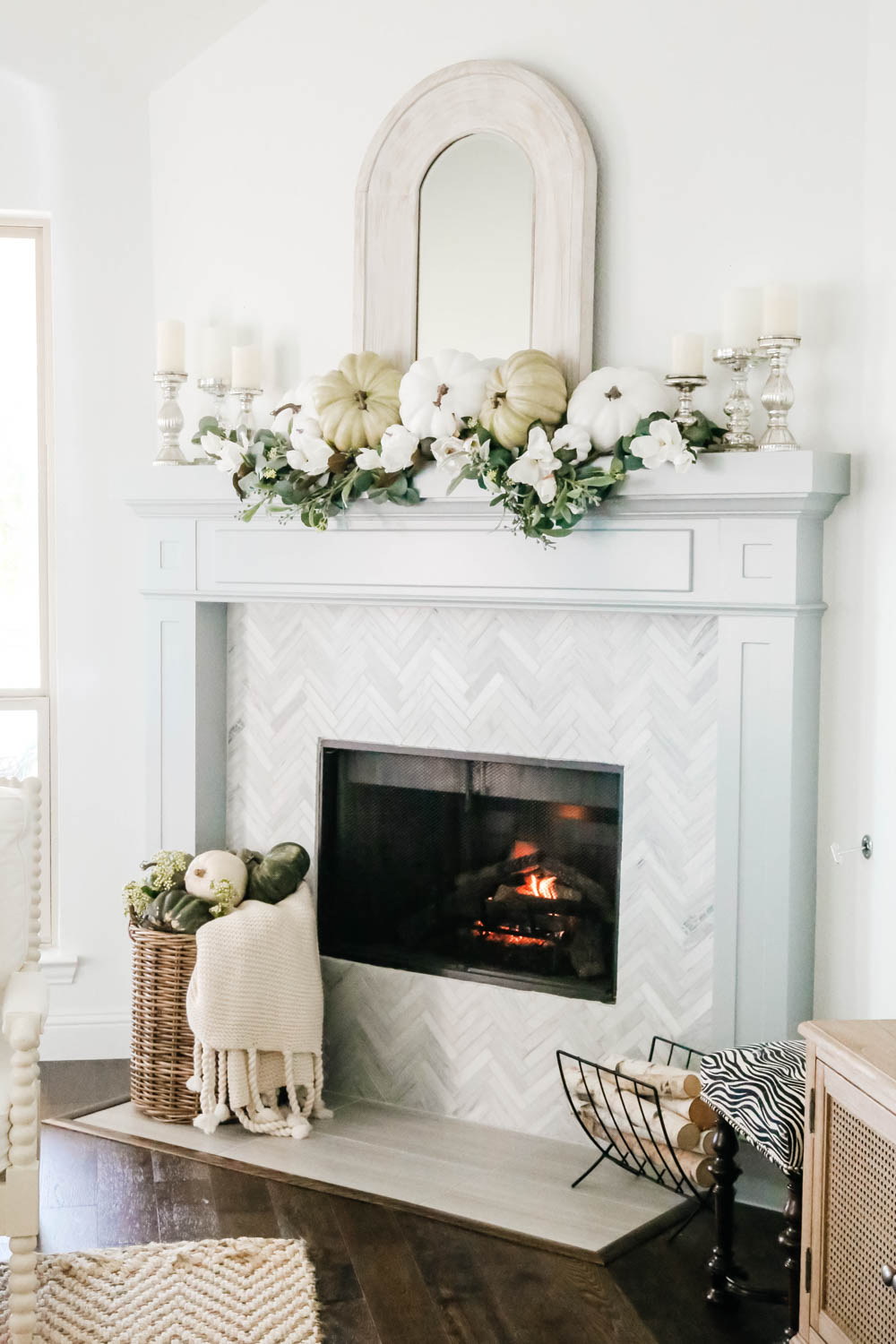 Shades of green and white in this fall home tour. #ABlissfulNest #fallhometour #falldecor