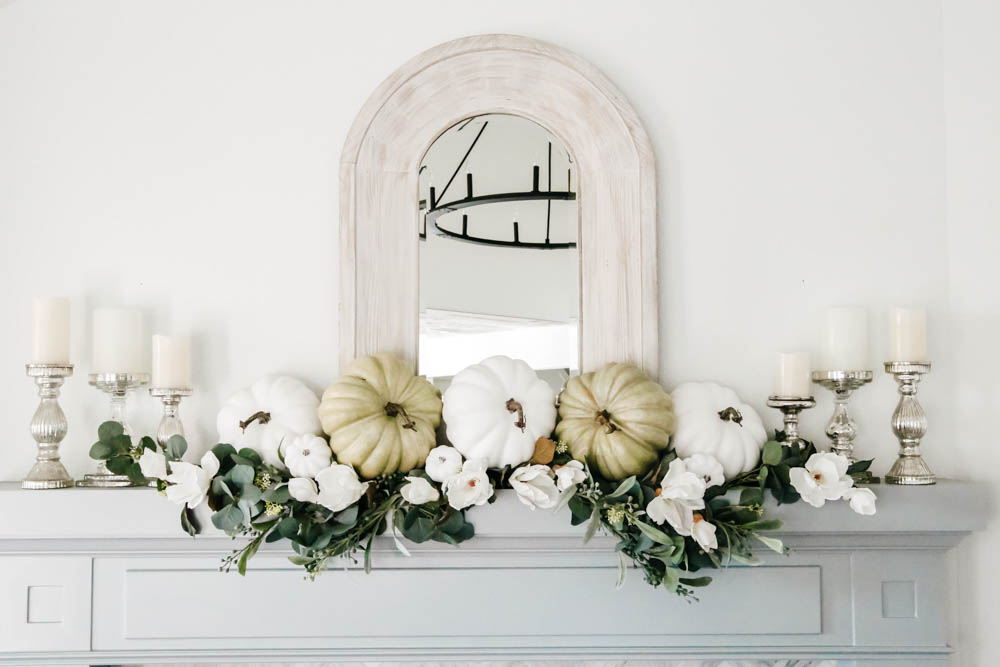 Shades of green and white with mercury glass accents in this fall decor. #ABlissfulNest #falldecor #falldecoratingideas