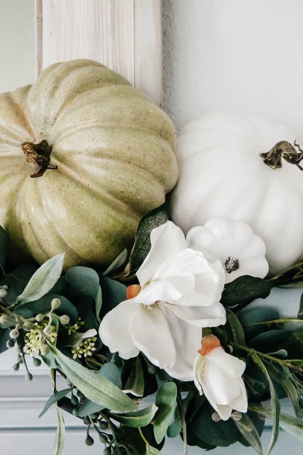 Pretty magnolia stems tucked into this fall garland. #ABlissfulNest #falldecor