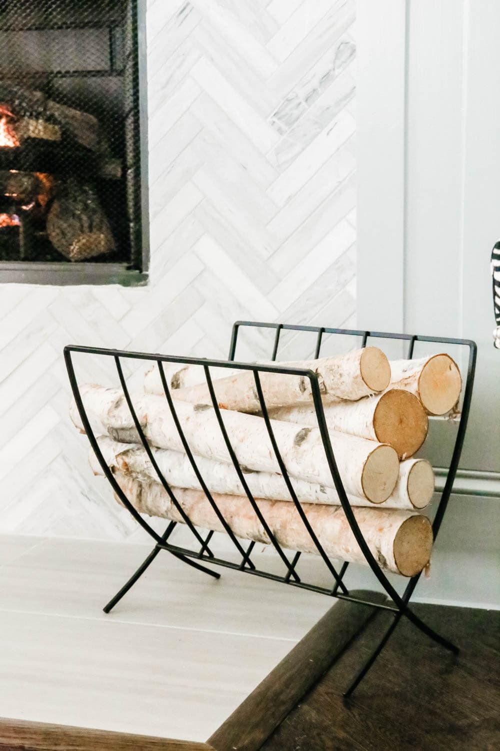 Cluster birch logs next to the fireplace. #ABlissfulNest #falldecor 