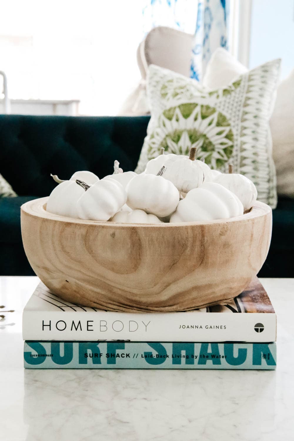 Wood bowl with white pumpkins as filler. #ABlissfulNest #falldecor