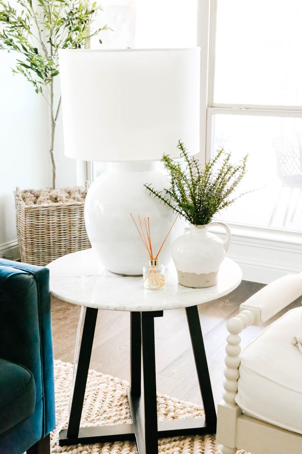 Marble side table, Studio Mcgee table, fall decorating ideas. #ABlissfulNest #falldecor #livingroom