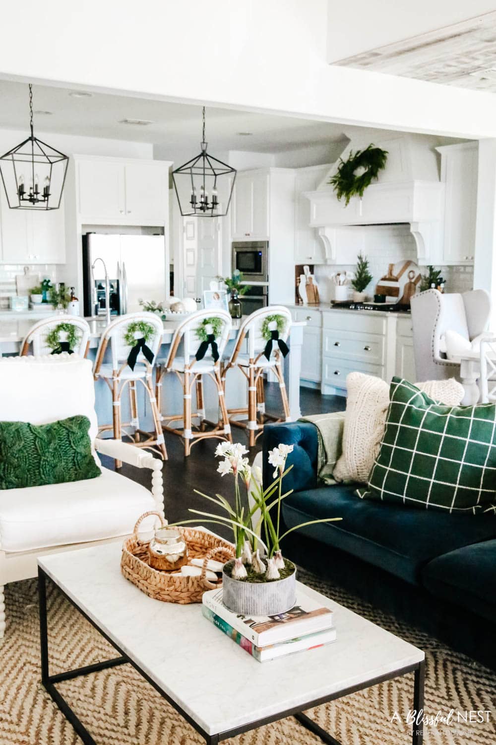 Winter green and white Christmas color scheme. Christmas decorating ideas. #ABlissfulNest #christmasdecor #christmasideas