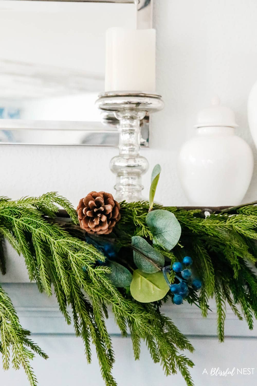 Real touch Christmas garland, Christmas mantle, Christmas decorating ideas. #ABlissfulNest #christmasdecor #christmasmantle