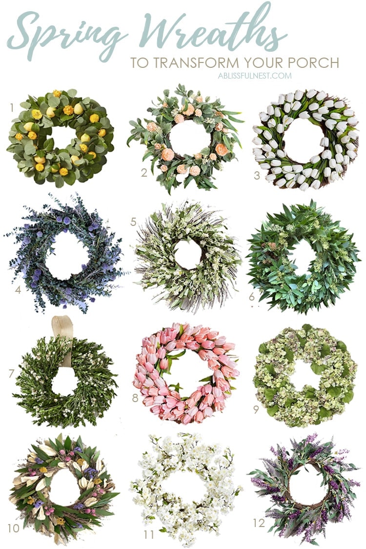 Beautiful and affordable spring wreath options to refresh your porch for the season. #ABlissfulNest #spring #springporch #springwreath