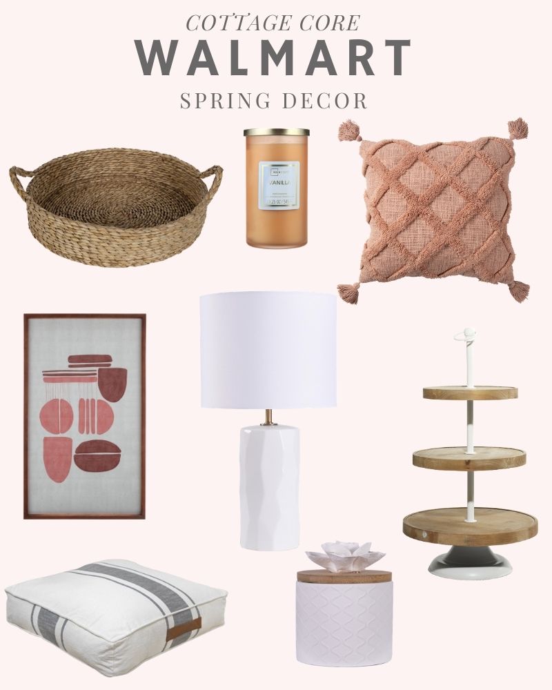 Sharing a collection of items from the popular Walmart Cottage Core Trend collection: textured pillows, sea grass tray, candles, white modern table lamp, farmhouse tiered tray, floor pillows. #ABlissfulNest #homedecor #springfinds