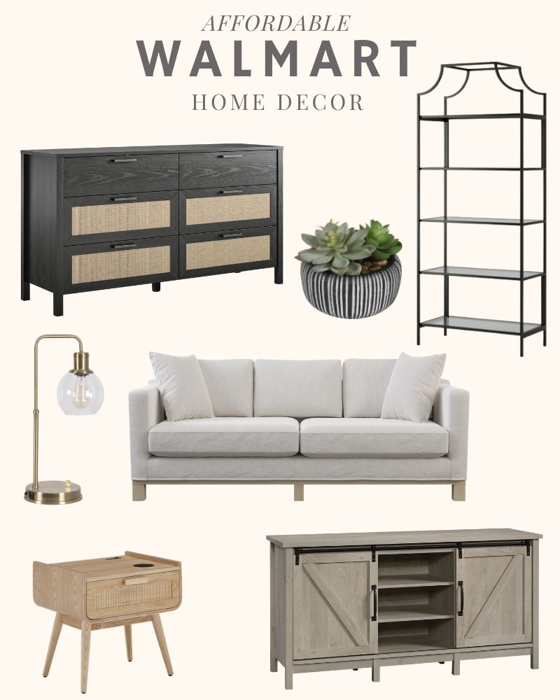 Sharing a collection of beautiful furniture finds from Walmart: modern side chair, black bookcase, tufted ottoman, chunky knit blanket, modern coffee table, grey x-base side table. #ABlissfulNest #homedecor