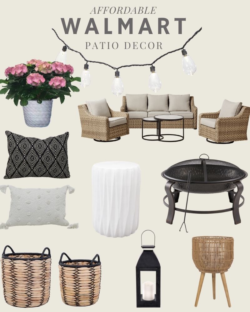 A beautiful and affordable patio decor from Walmart featuring adirondack chairs, a fire pit, outdoor pillows, basket planters, outdoor lanterns, modern planters, and string of lights. #ABlissfulNest #patiodecor #outdoordecor