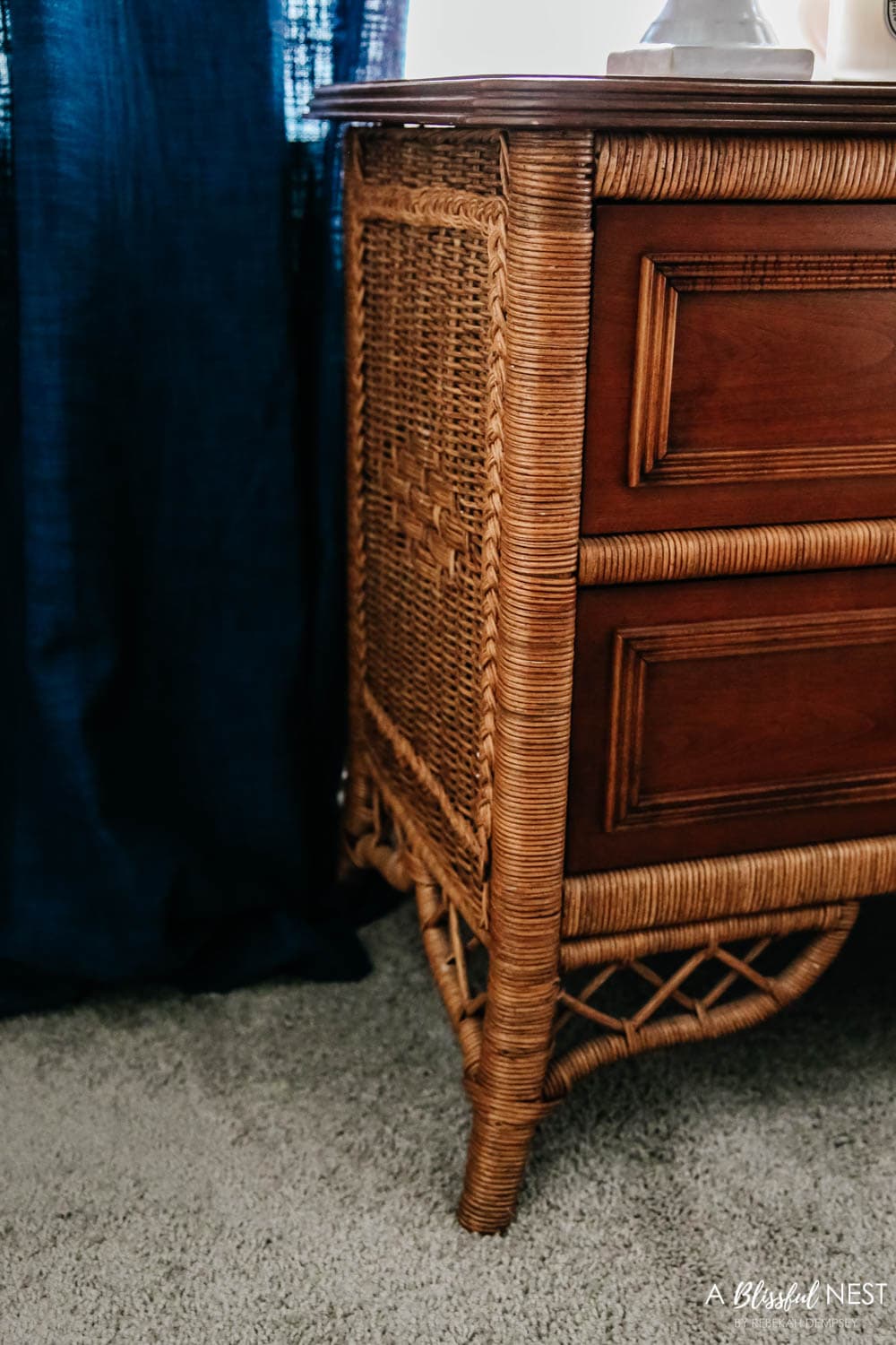 Rattan detail on this beautiful antique nightstand from Black Rock Galleries online estate sale website. #ABlissfulNest #ad #bedroomdecor #bedroomideas