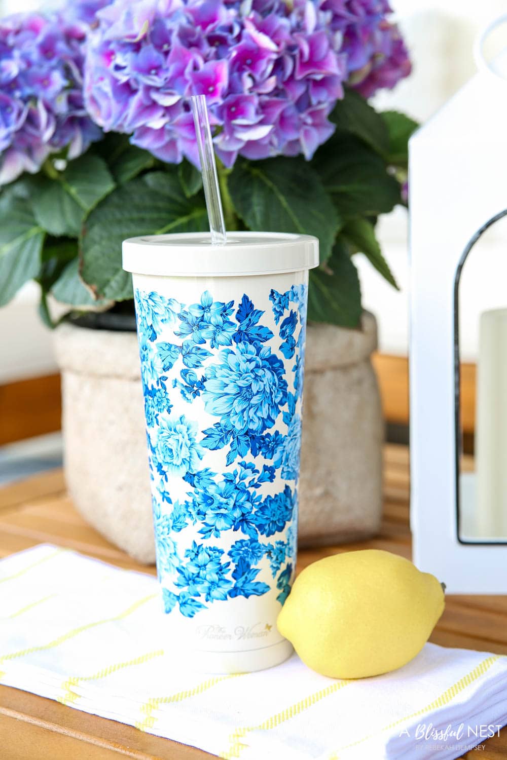 Hydrangea tumbler from Walmart. #ABlissfulNest #summerdecor